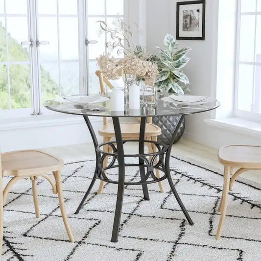 42   Round Glass Dining Table with Crescent Style Metal Frame