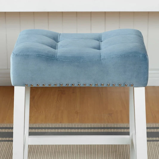 Morovo Set of 2 Velvet Counter Height Stools with Tufted Saddle Seats, White-Wash Finish