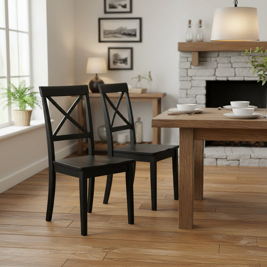 Dining Room Chairs - Cross Back Solid Wood Seat Chairs, Set of 2, Black