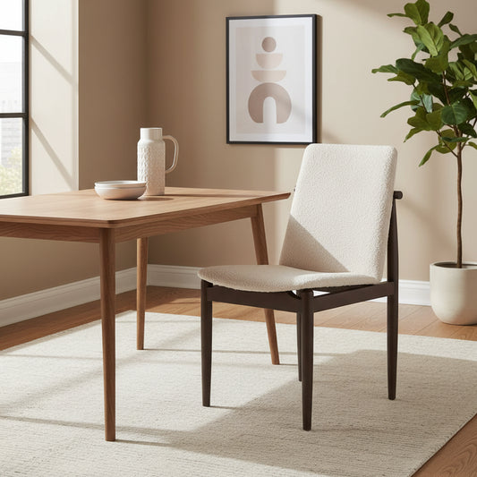   Cream Boucle Upholstered Seat W/Dark Brown Wood Frame Dining Chair